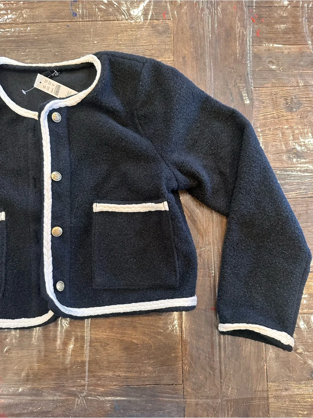 J. Crew Black Bouclé Yarn Lady Cropped Jacket with White Trim